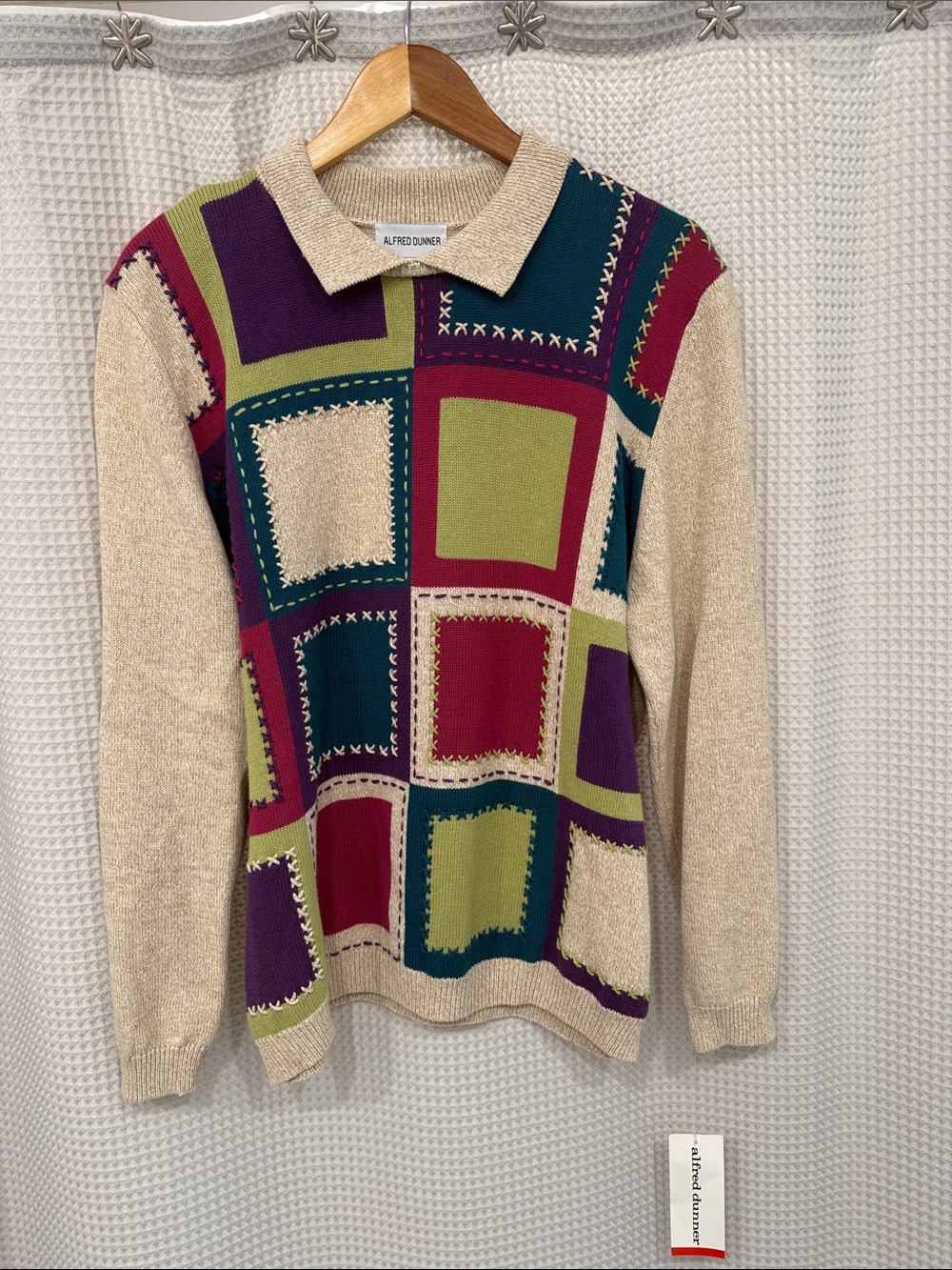 Alfred Dunner Beige V-Neck Patchwork Sweater with Green, Purple, Teal, Burgundy
